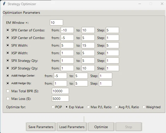 Strategy Optimizer window with ranges for strike centers, widths and quantities